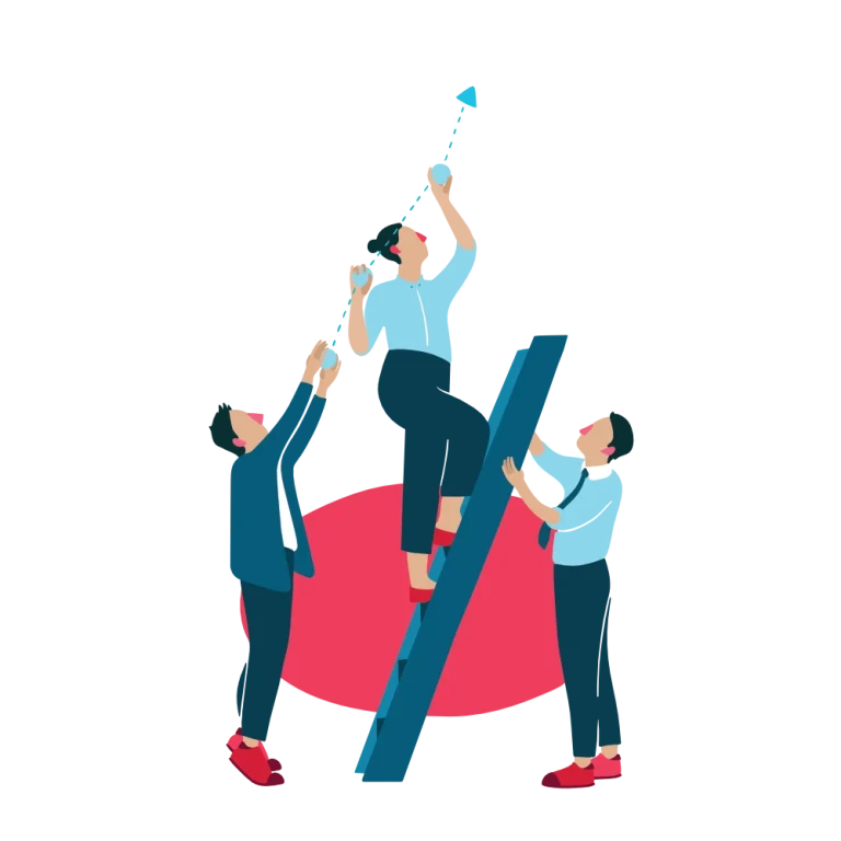 Ilustração de uma equipa a ajudar uma colega a subir uma escada